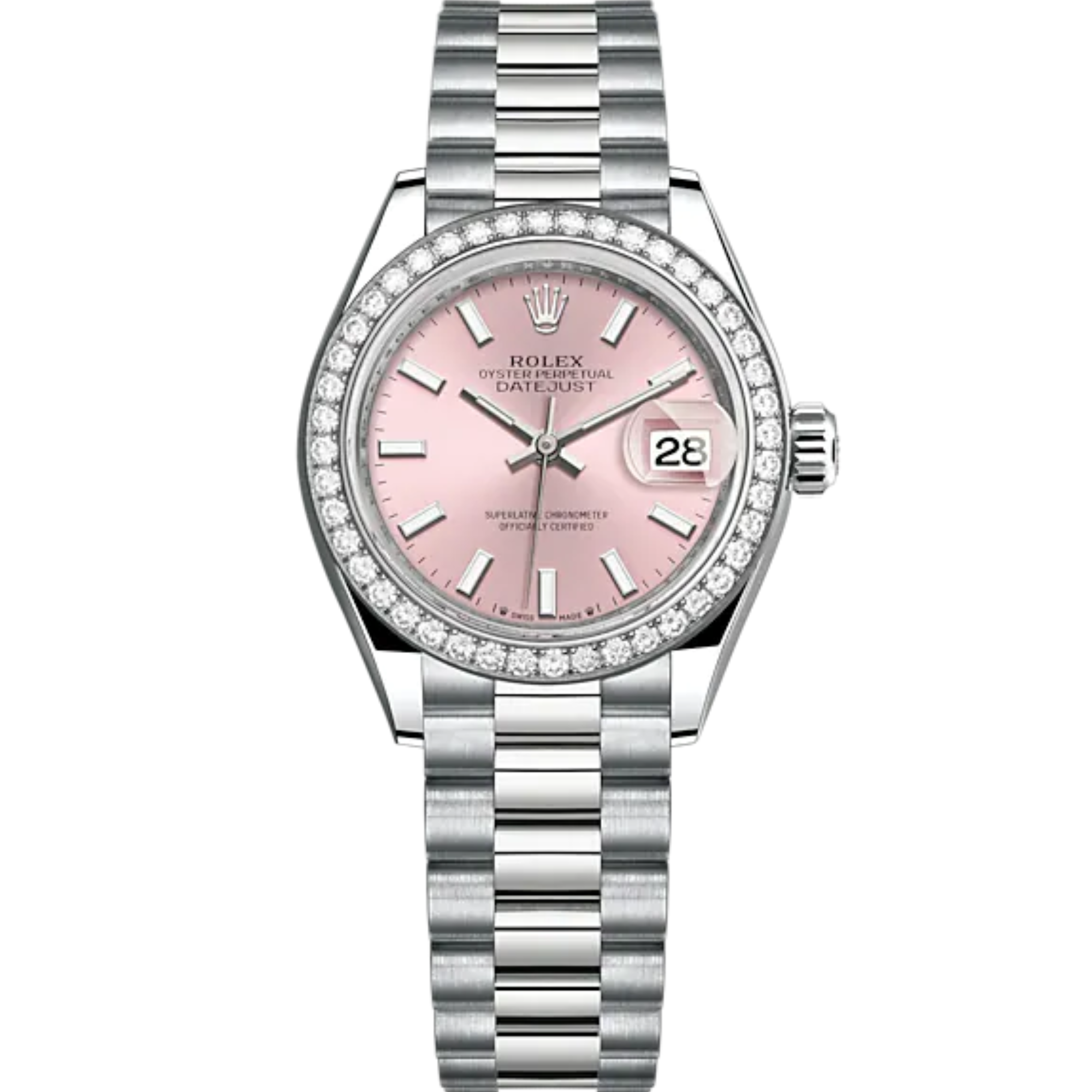 Lady-DateJust 28mm President Bracelet and 18 KT White Gold with Pink Dial and Diamond-Set Bezel - Rolex
