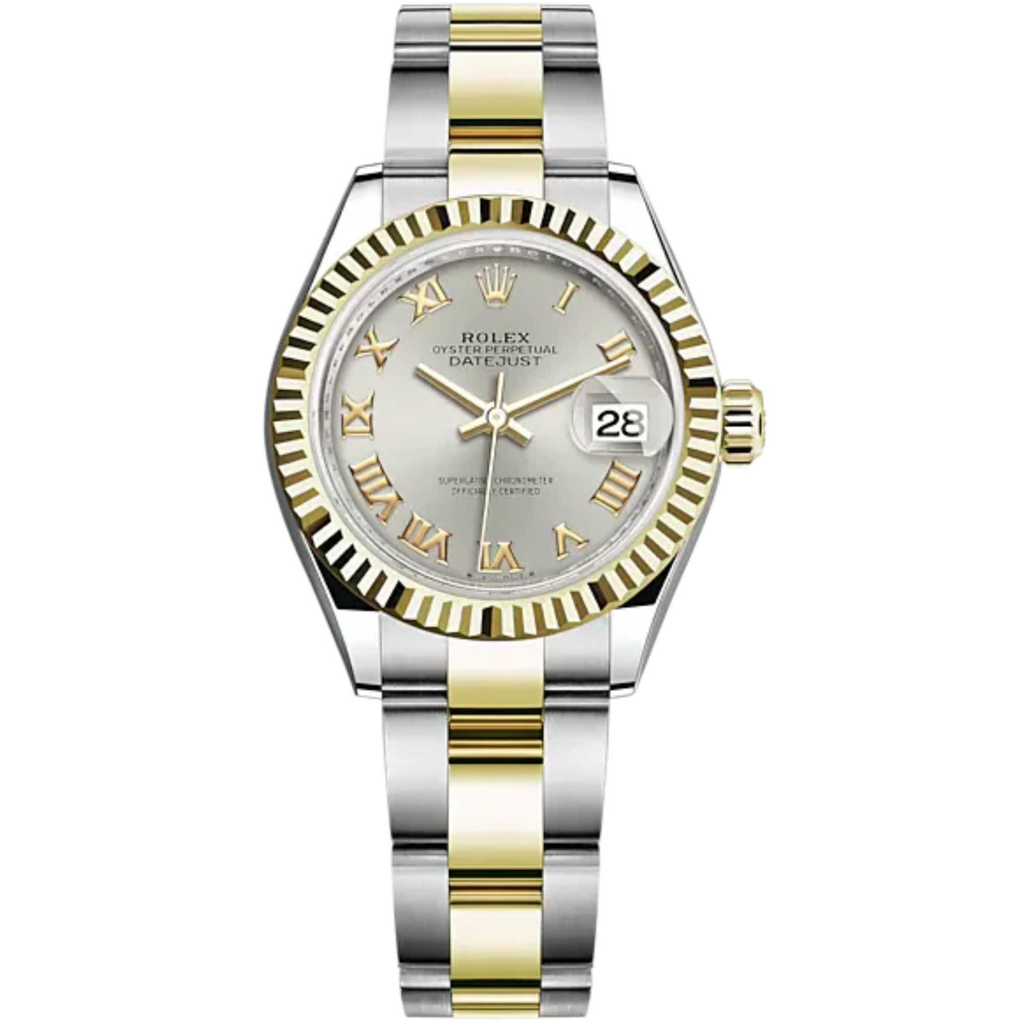 Lady-DateJust 28mm Oyster Oystersteel Bracelet and Yellow Gold with Silver Dial and Fluted Bezel - Rolex