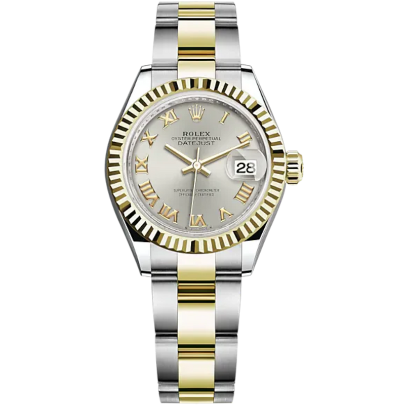 Lady-DateJust 28mm Oyster Oystersteel Bracelet and Yellow Gold with Silver Dial and Fluted Bezel - Rolex