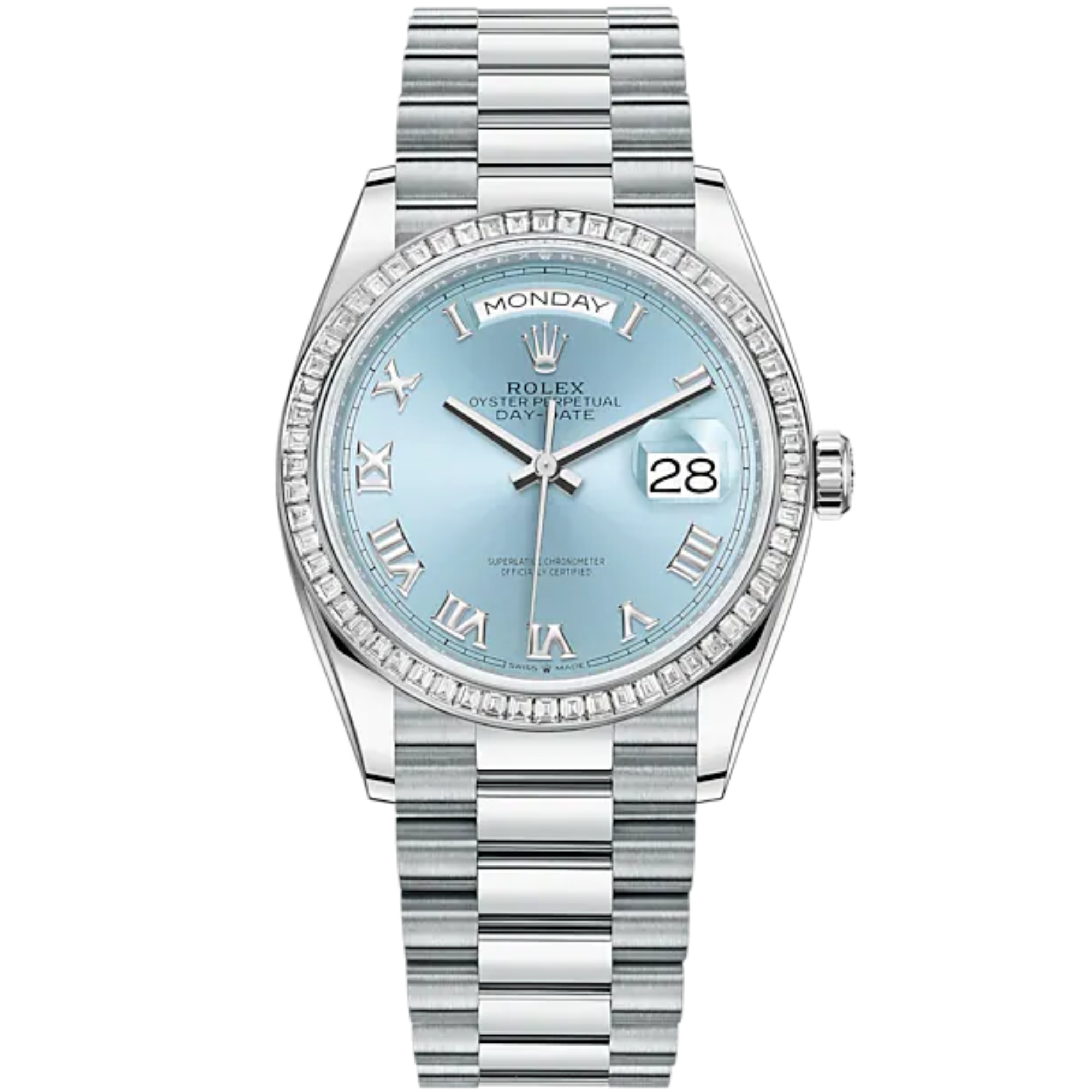 Day-Date 36 36mm President Bracelet and Platinum with Ice-Blue Roman Dial Diamond-Set Bezel - Rolex
