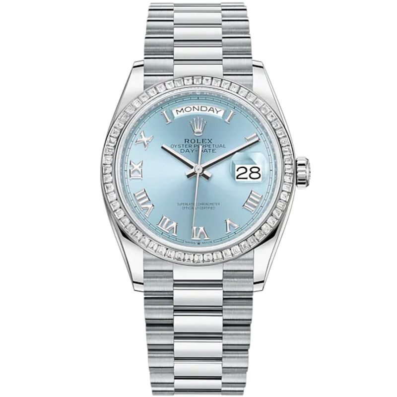 Day-Date 36 36mm President Bracelet and Platinum with Ice-Blue Roman Dial Diamond-Set Bezel - Rolex