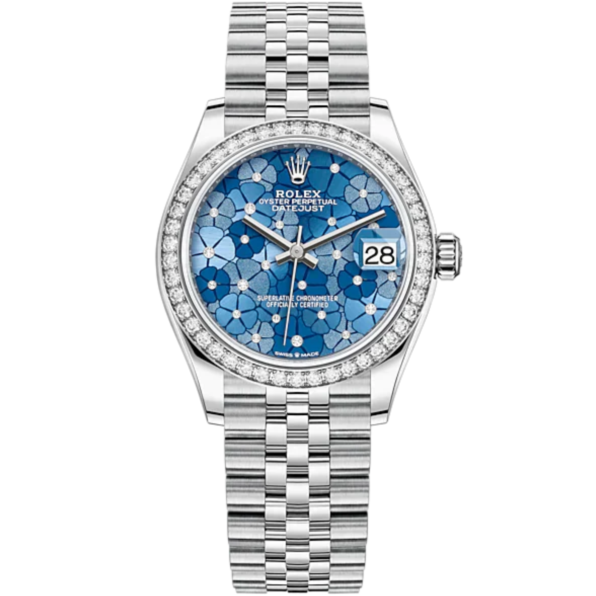 Datejust 31 31mm Jubilee Bracelet Oystersteel and White Gold with Blue Floral-Motif Diamond-Set Dial Diamond-Set Bezel - Rolex