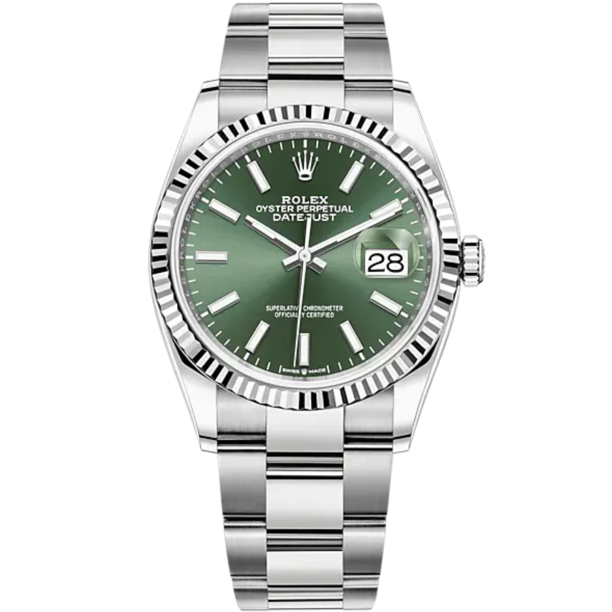 Rolex Datejust Ref. 126234 36mm White Gold Oyster Bracelet Green Dial Fluted Bezel - Rolex