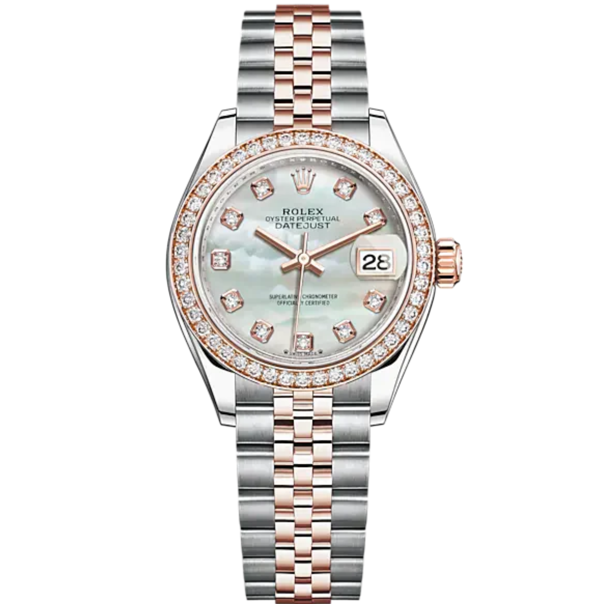 Lady-DateJust 28mm Oystersteel Jubilee Bracelet and Everose Gold with White Mother-of Pearl Dial Diamond-Set Dial and Diamond-Set Bezel - Rolex