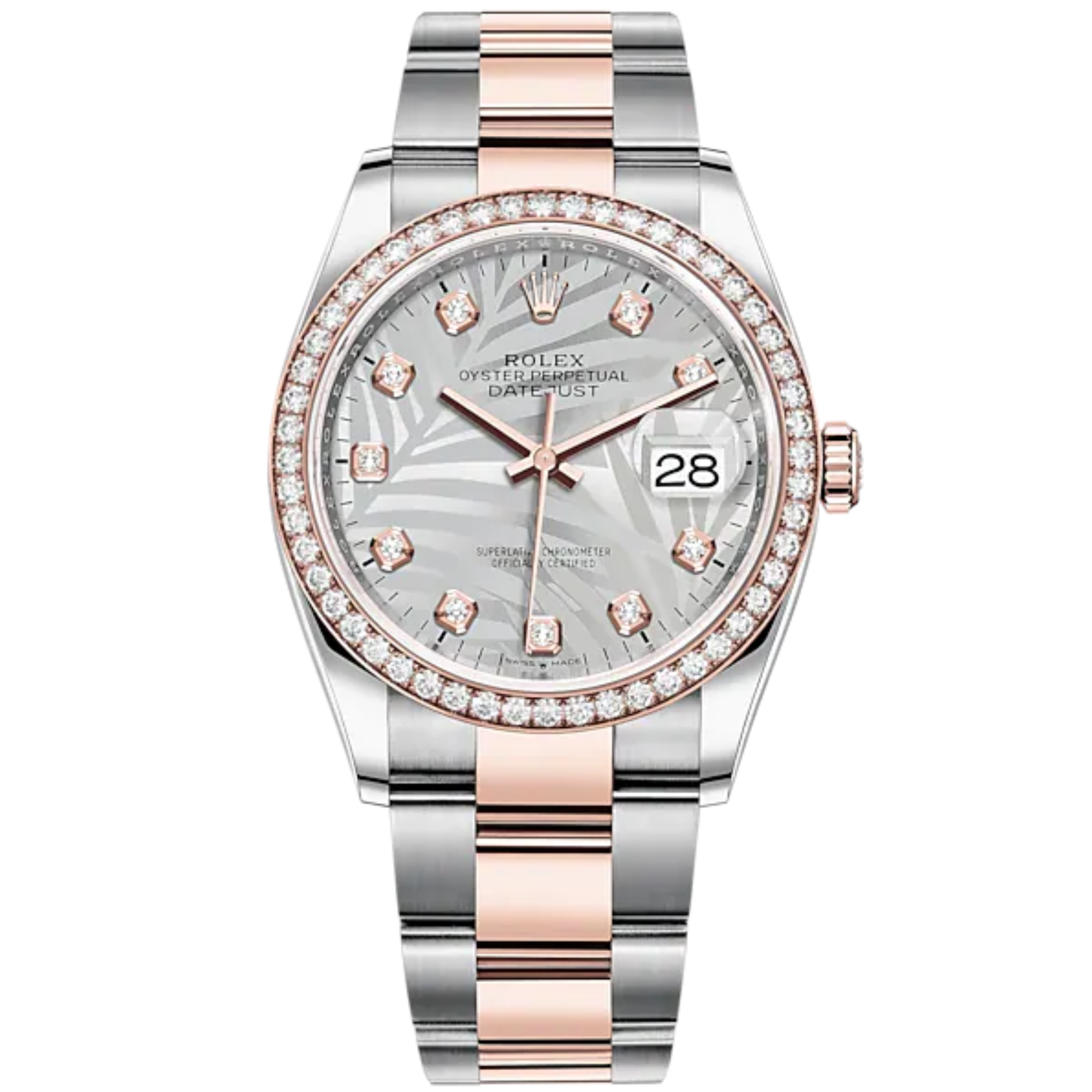 Datejust 36 36mm Oystersteel Everose Gold Oyster Bracelet Silver Palm-Motif Diamond-set Dial Diamond-set Bezel - Rolex