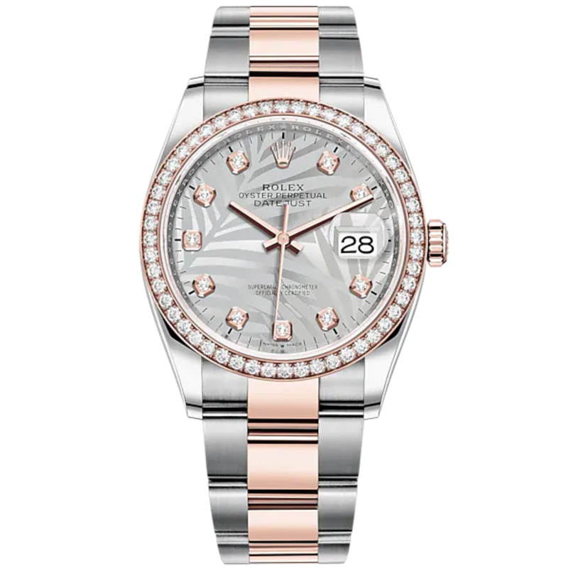 Datejust 36 36mm Oystersteel Everose Gold Oyster Bracelet Silver Palm-Motif Diamond-set Dial Diamond-set Bezel - Rolex