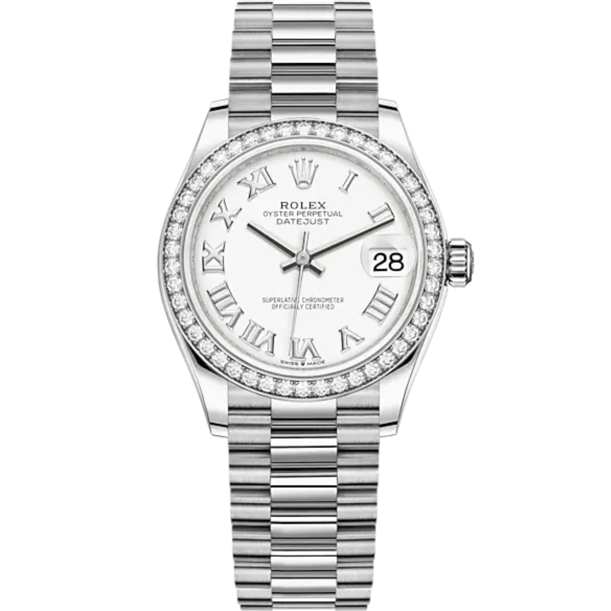 Datejust 31 31mm President Bracelet Oystersteel and White Gold with White Dial and Diamond-Set Bezel - Rolex