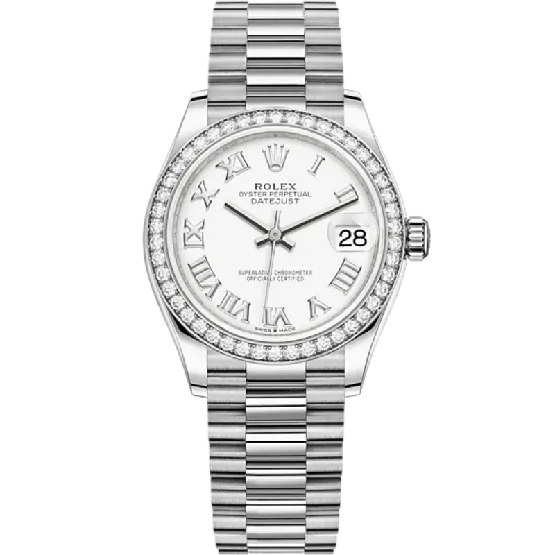 Datejust 31 31mm President Bracelet Oystersteel and White Gold with White Dial and Diamond-Set Bezel - Rolex