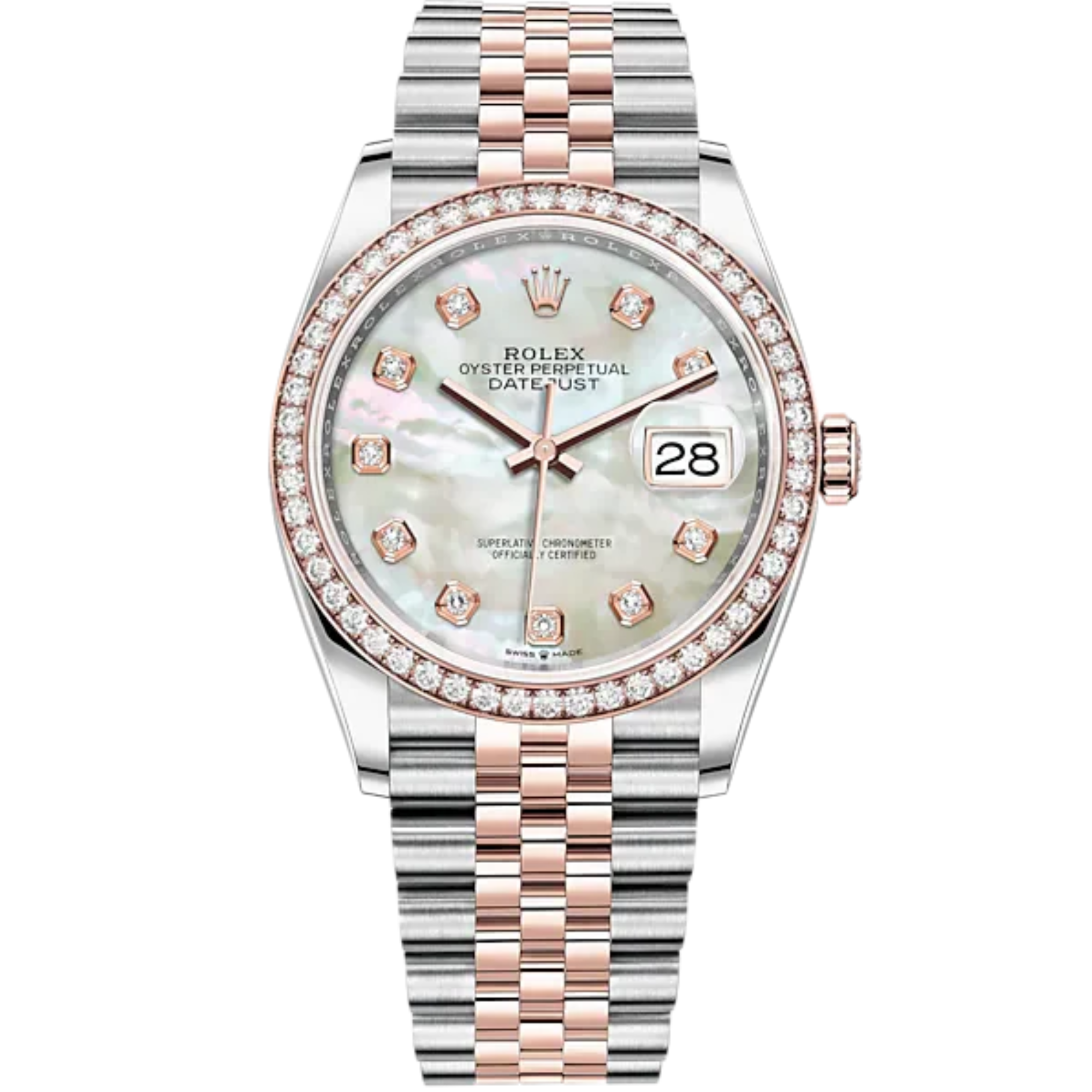 Datejust 36 36mm Oystersteel and Everose Gold Jubilee Bracelet White Mother-of-Pearl Diamond-set Dial Diamond-set Bezel - Rolex