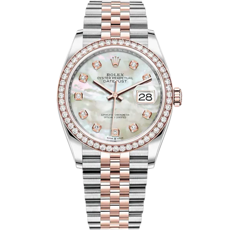 Datejust 36 36mm Oystersteel and Everose Gold Jubilee Bracelet White Mother-of-Pearl Diamond-set Dial Diamond-set Bezel - Rolex
