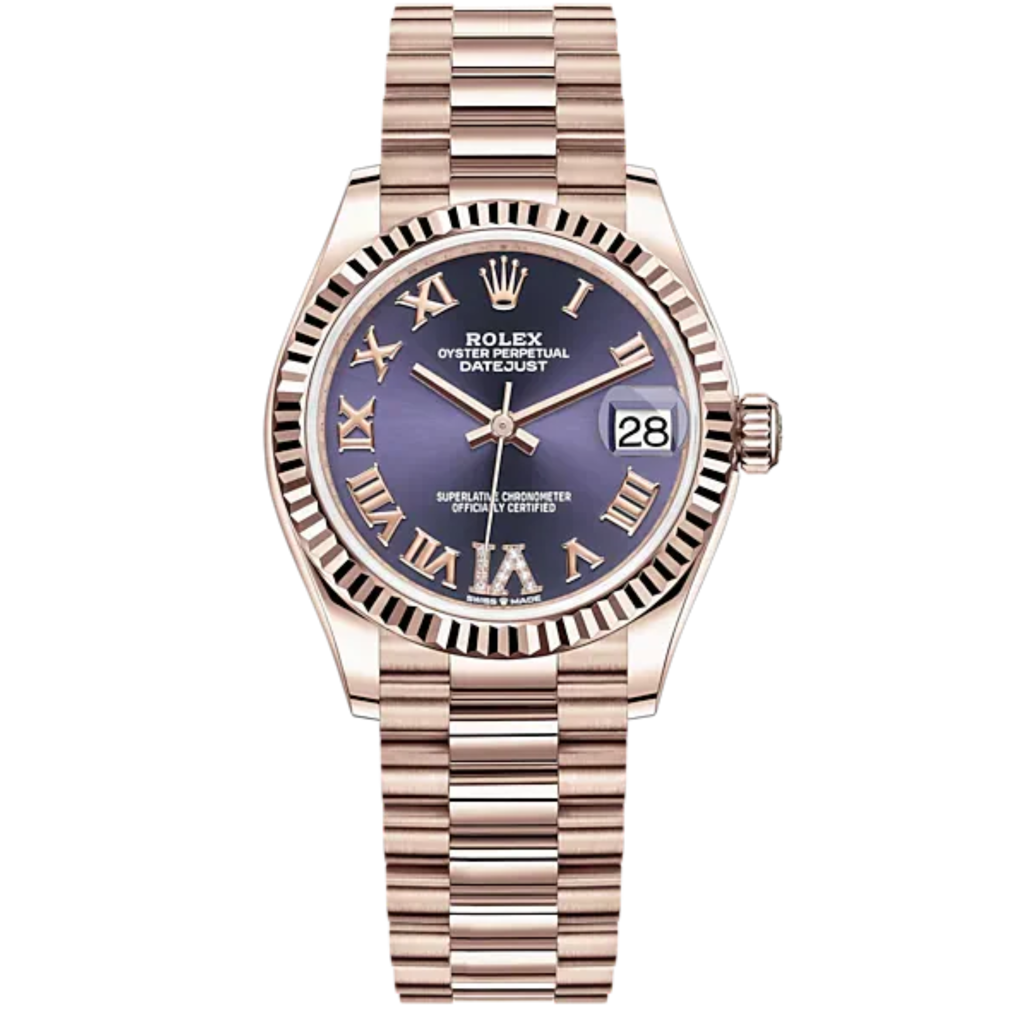 Datejust 31 31mm President Bracelet Oystersteel and Everose Gold with Aubergine Dial Fluted Bezel - Rolex