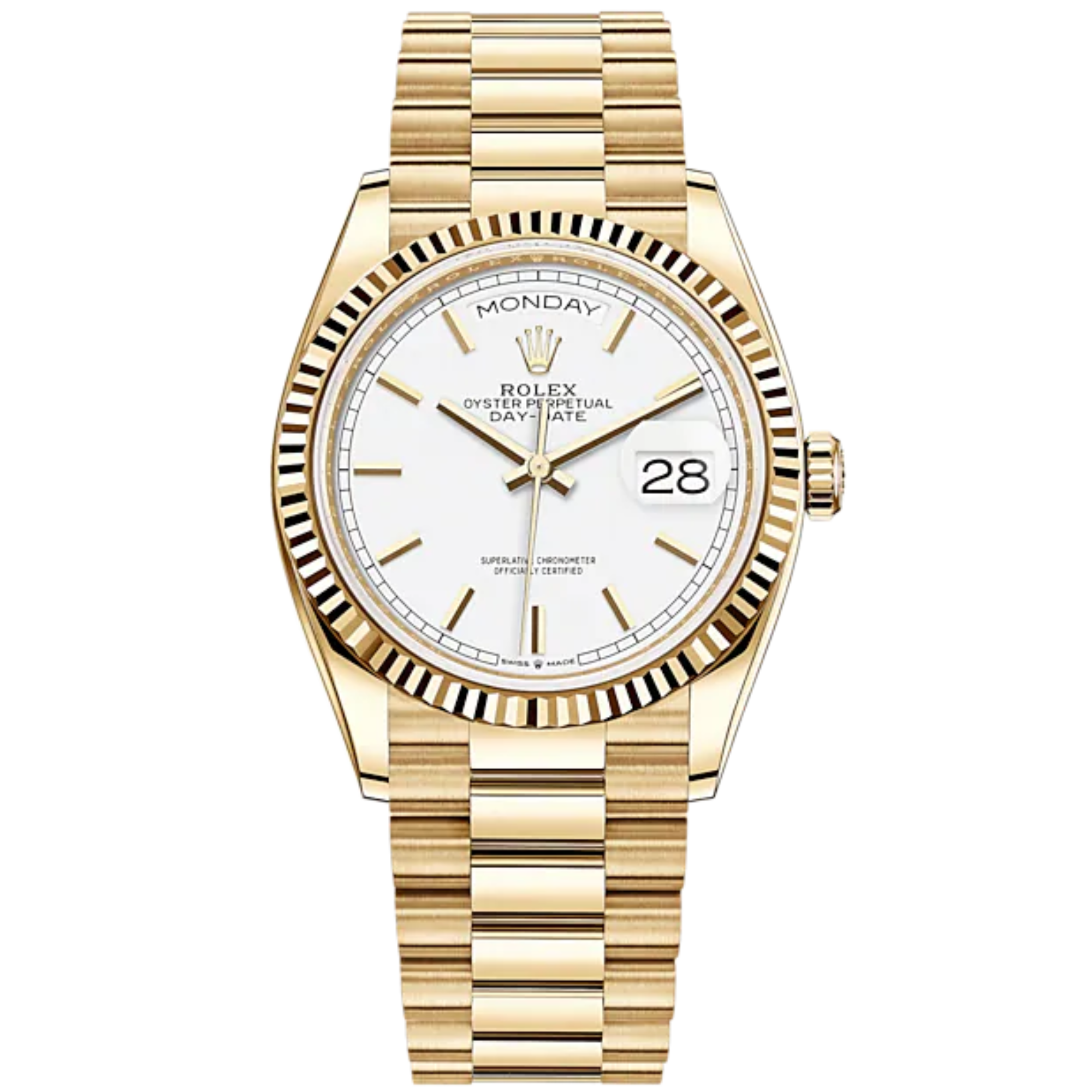 Day-Date 36 36mm President Bracelet and 18 KT Yellow Gold with White Dial Fluted Bezel - Rolex