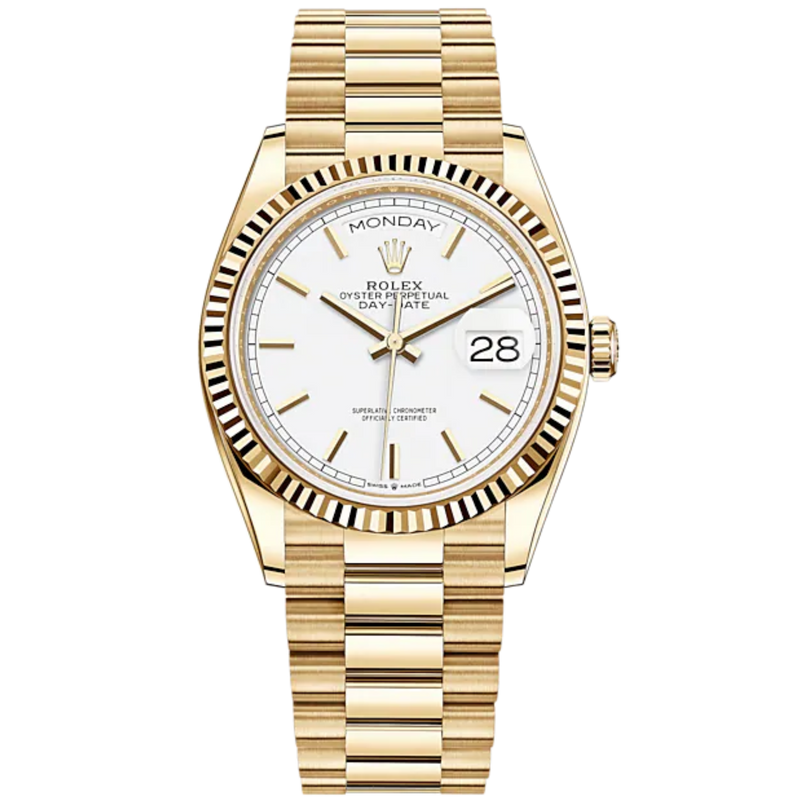 Day-Date 36 36mm President Bracelet and 18 KT Yellow Gold with White Dial Fluted Bezel - Rolex