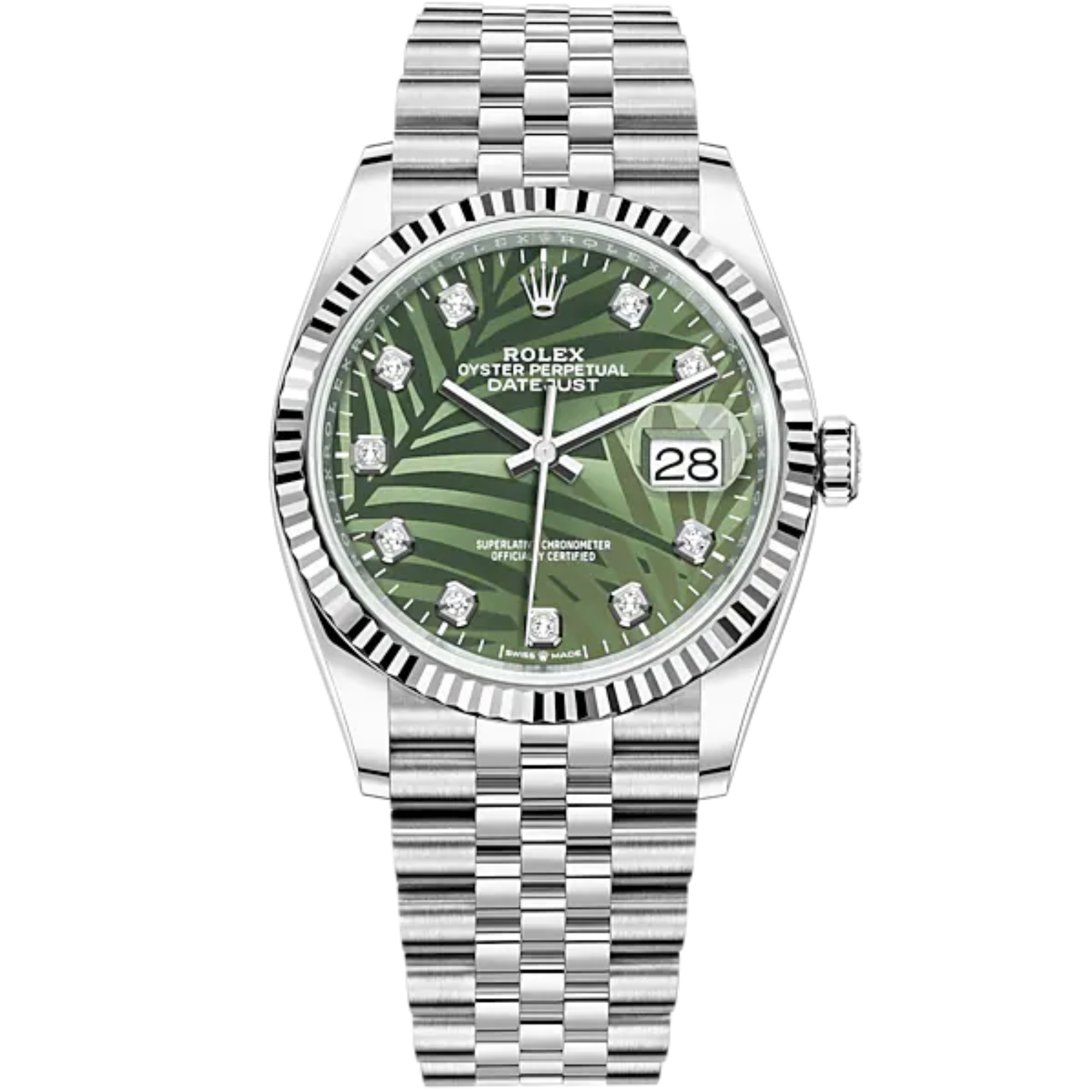 Rolex Datejust Ref. 126234 36mm White Gold Jubilee Bracelet Olive Green Palm-Motif Diamond-set Dial - Rolex