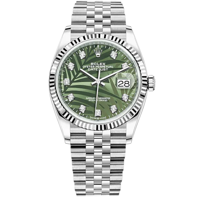 Rolex Datejust Ref. 126234 36mm White Gold Jubilee Bracelet Olive Green Palm-Motif Diamond-set Dial - Rolex