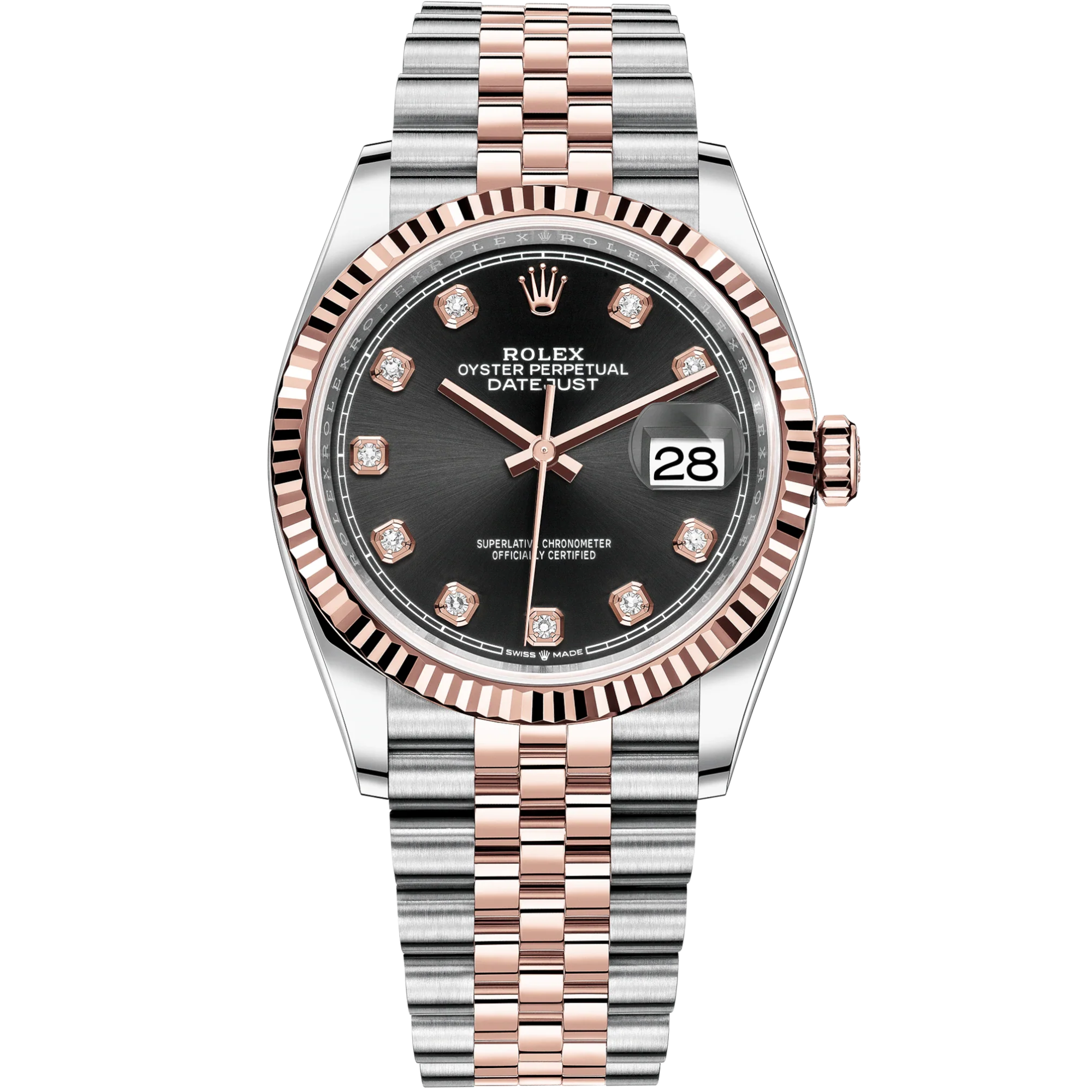 Datejust 36 36mm Oystersteel and Everose Gold Jubilee Bracelet Bright Black Diamond-set Dial Fluted Bezel - Rolex
