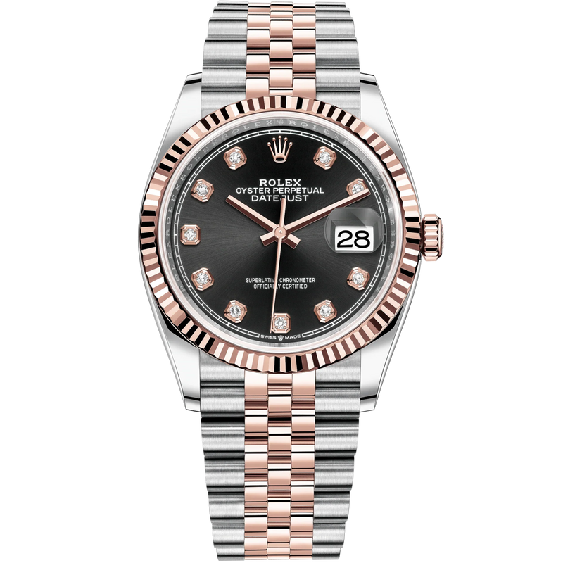 Datejust 36 36mm Oystersteel and Everose Gold Jubilee Bracelet Bright Black Diamond-set Dial Fluted Bezel - Rolex