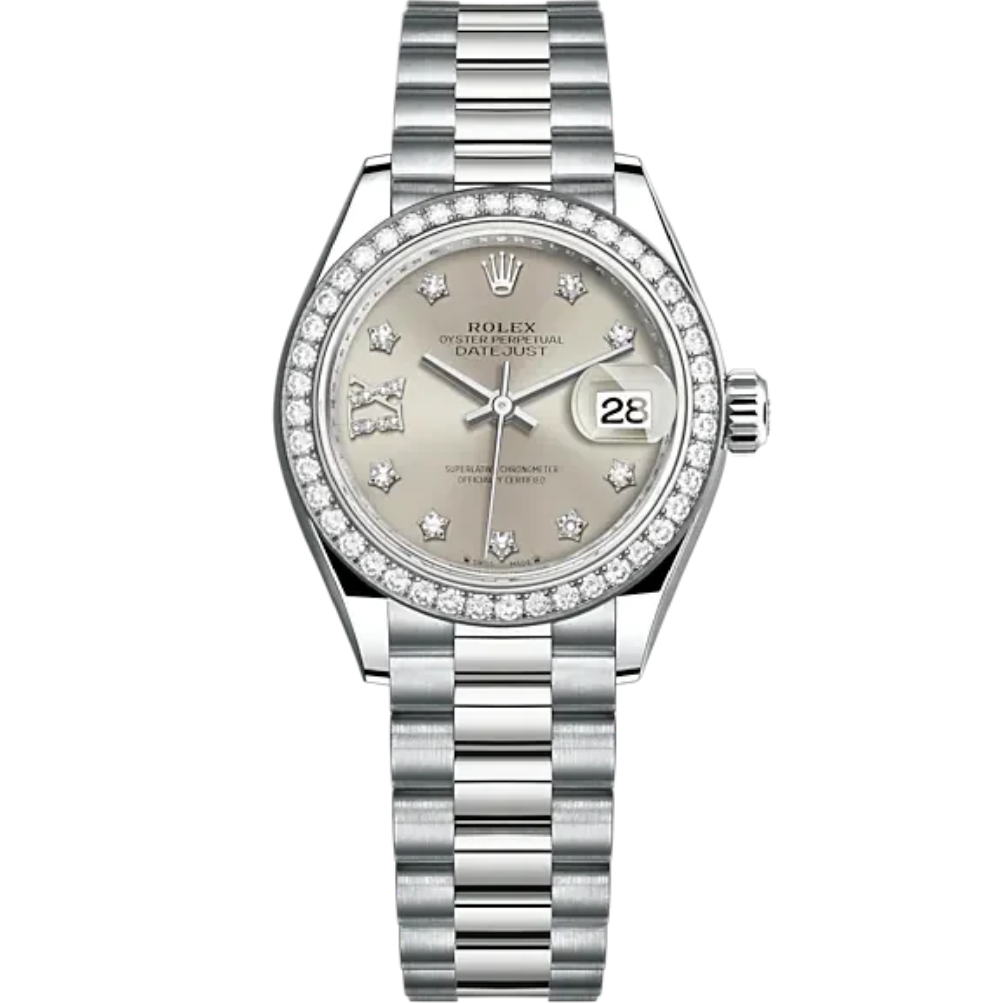 Lady-DateJust 28mm President Bracelet and 18 KT White Gold with Silver Dial and Diamond-Set Bezel and Marker - Rolex