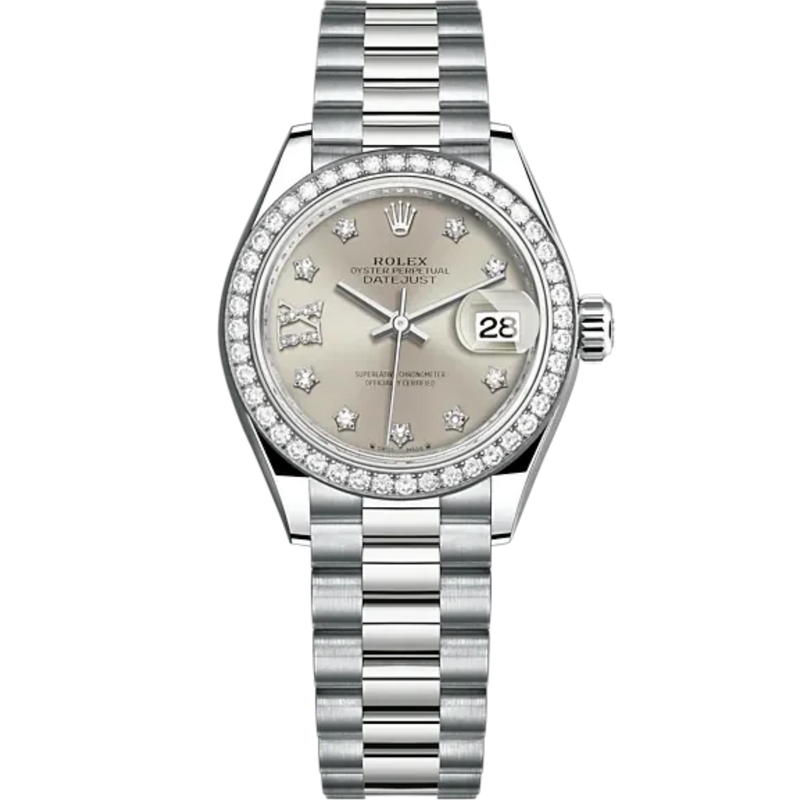 Lady-DateJust 28mm President Bracelet and 18 KT White Gold with Silver Dial and Diamond-Set Bezel and Marker - Rolex
