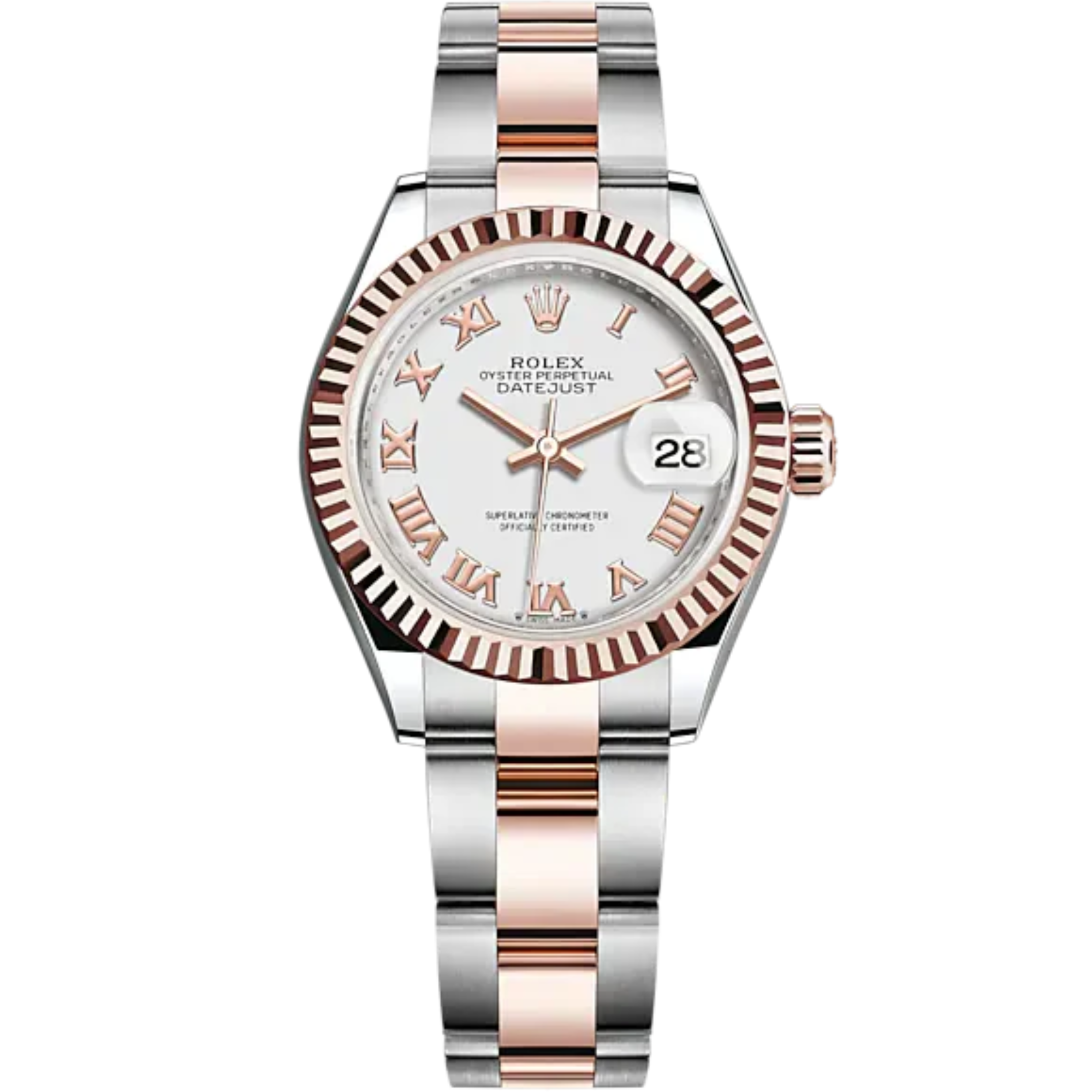 Lady-DateJust 28mm Oyster Oystersteel Bracelet and Everose Gold with White Dial and Fluted Bezel - Rolex