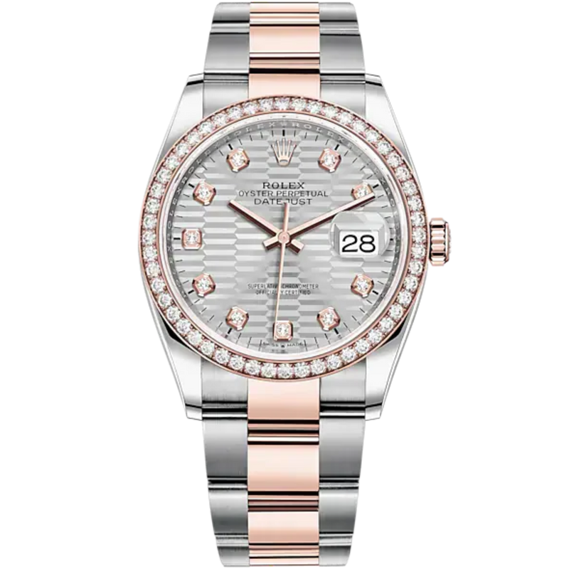 Datejust 36 36mm Oystersteel and Everose Gold Oyster Bracelet Silver Fluted-Motif Diamond-set Dial Diamond-set Bezel - Rolex