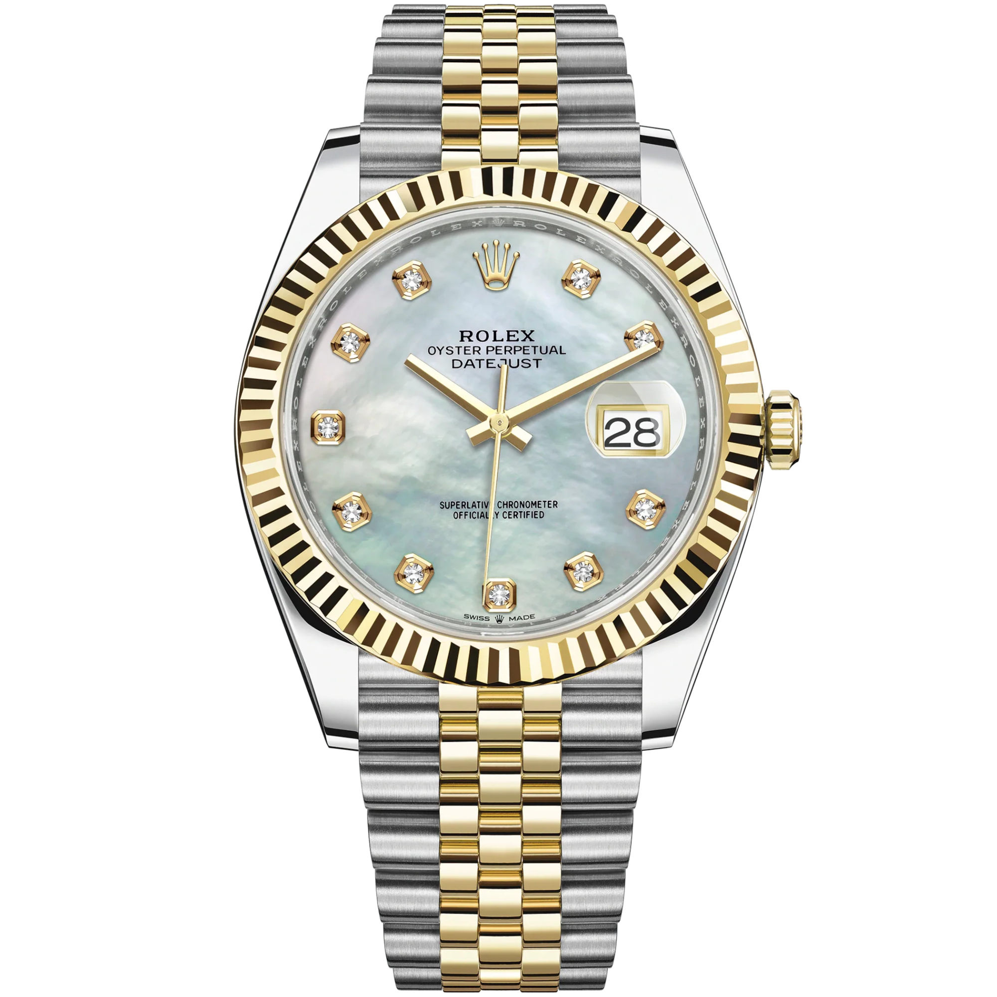 Datejust 41 41mm Jubilee Bracelet Oystersteel and Yellow Gold with White Mother-Of-Pearl Diamond-Set Dial Fluted Bezel - Rolex