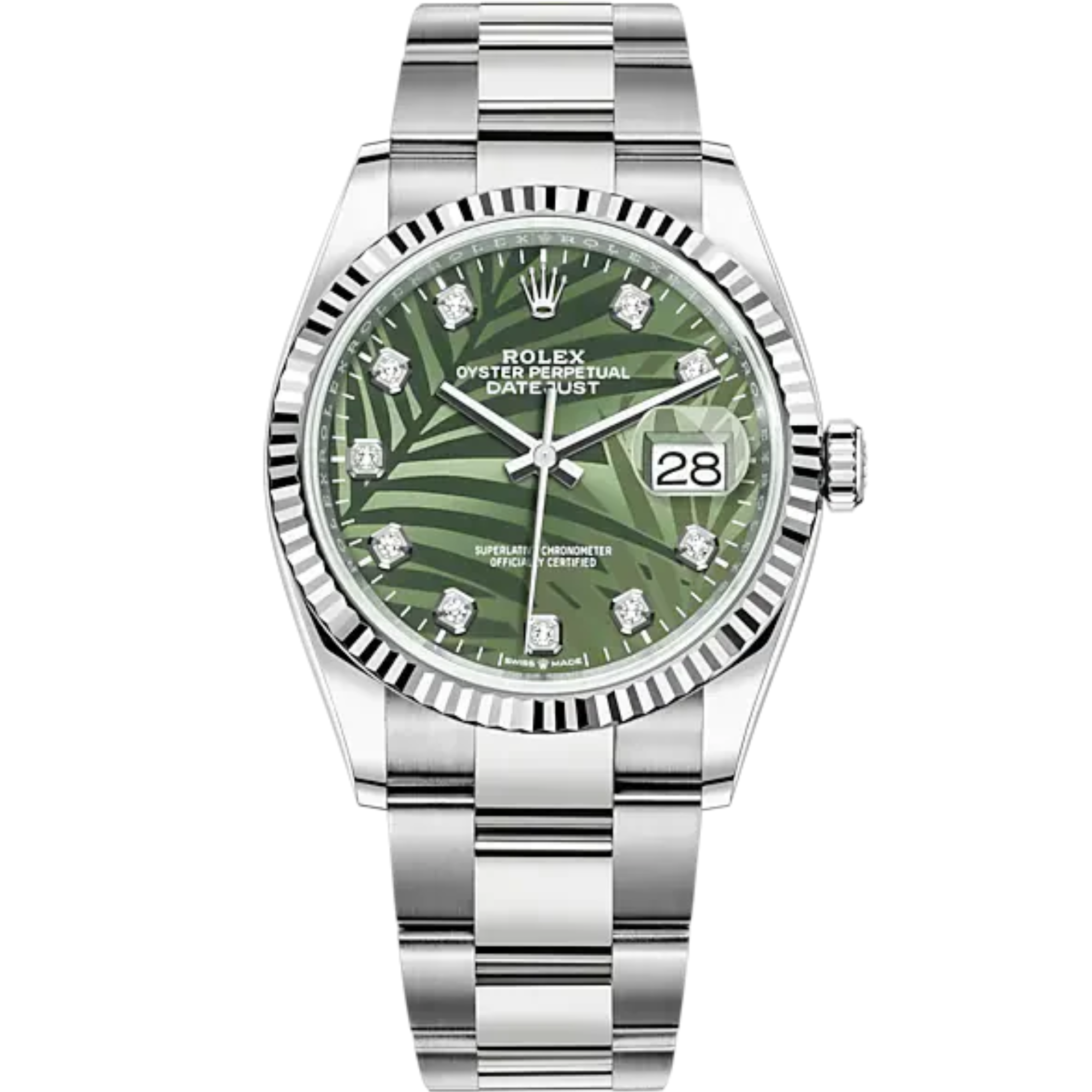 Rolex Datejust Ref. 126234 36mm White Gold Oyster Bracelet Olive Green Palm-Motif Diamond-set Dial - Rolex