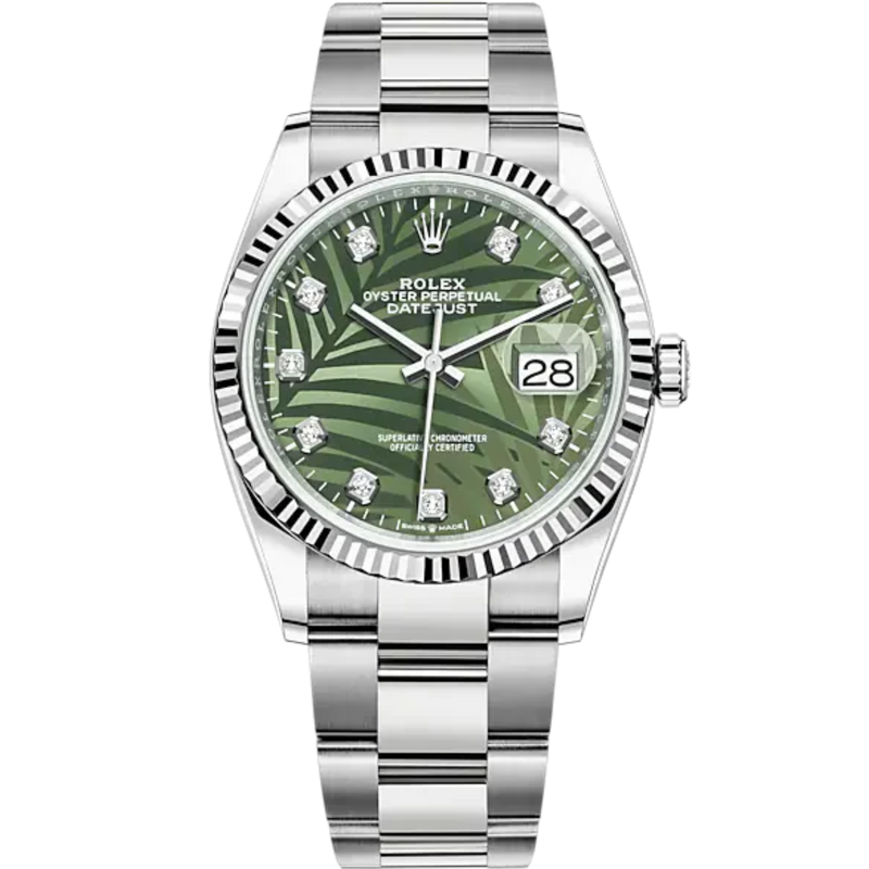 Rolex Datejust Ref. 126234 36mm White Gold Oyster Bracelet Olive Green Palm-Motif Diamond-set Dial - Rolex