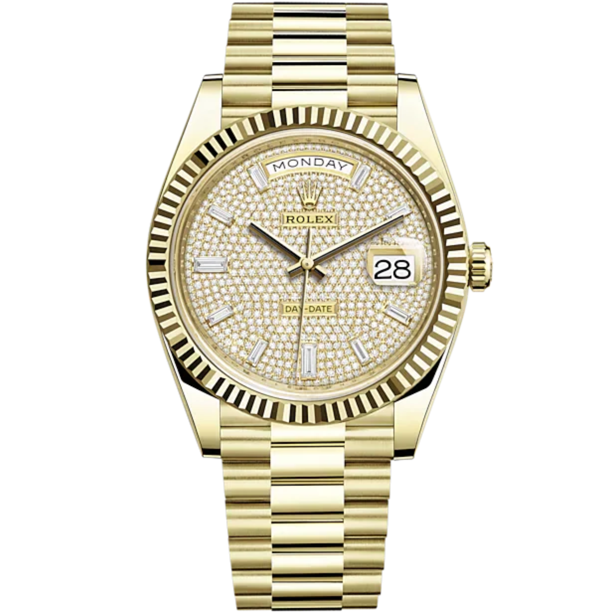 Rolex Day-Date Ref. 228238 40mm Yellow Gold with Diamond-Paved Dial and Fluted Bezel - Rolex
