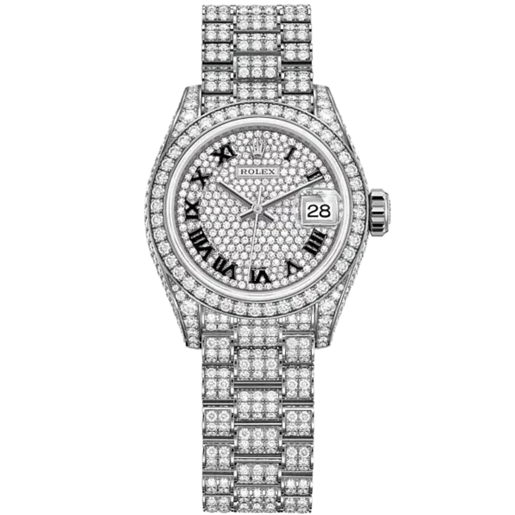 Lady-DateJust 28mm Diamond-Set President Bracelet and 18 KT White Gold with Diamond-Paved Dial and Diamond-Set Bezel - Rolex