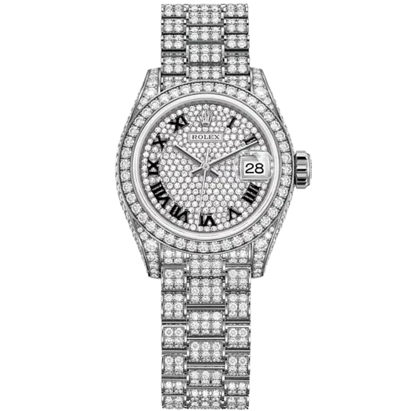 Lady-DateJust 28mm Diamond-Set President Bracelet and 18 KT White Gold with Diamond-Paved Dial and Diamond-Set Bezel - Rolex