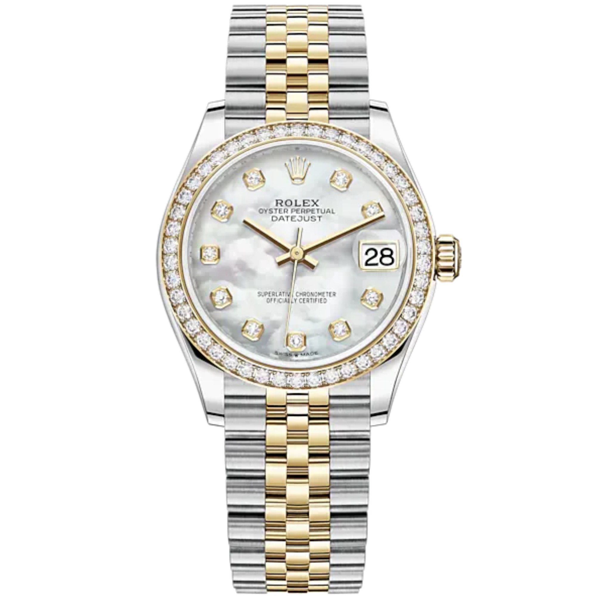 Datejust 31 31mm Jubilee Bracelet Oystersteel and Yellow Gold with White Mother-Of-Pearl Dial Diamond-Set Bezel - Rolex