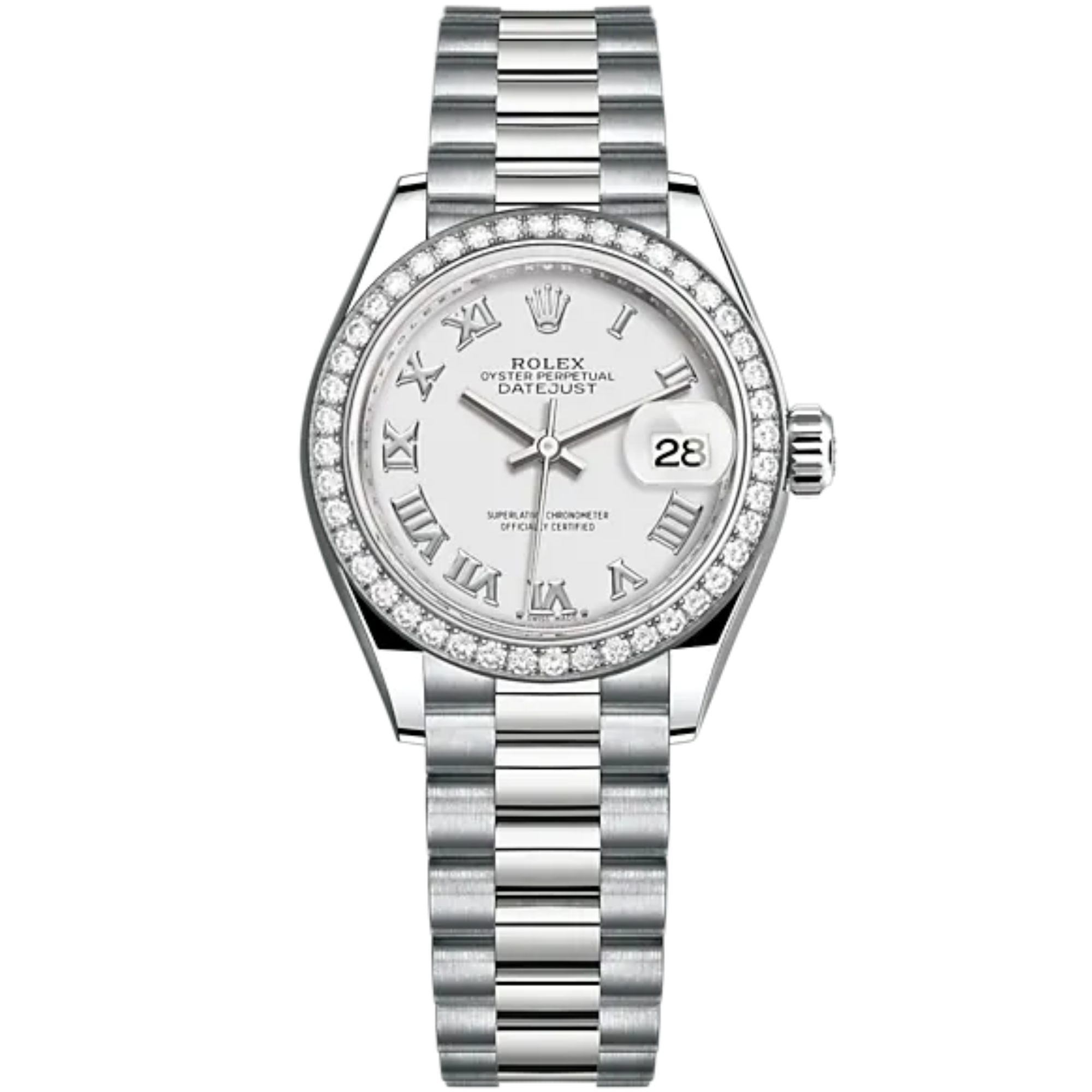 Lady-DateJust 28mm President Bracelet and 18 KT White Gold with White Dial and Diamond-Set Bezel - Rolex