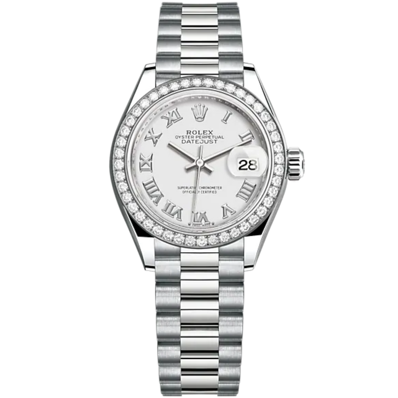 Lady-DateJust 28mm President Bracelet and 18 KT White Gold with White Dial and Diamond-Set Bezel - Rolex