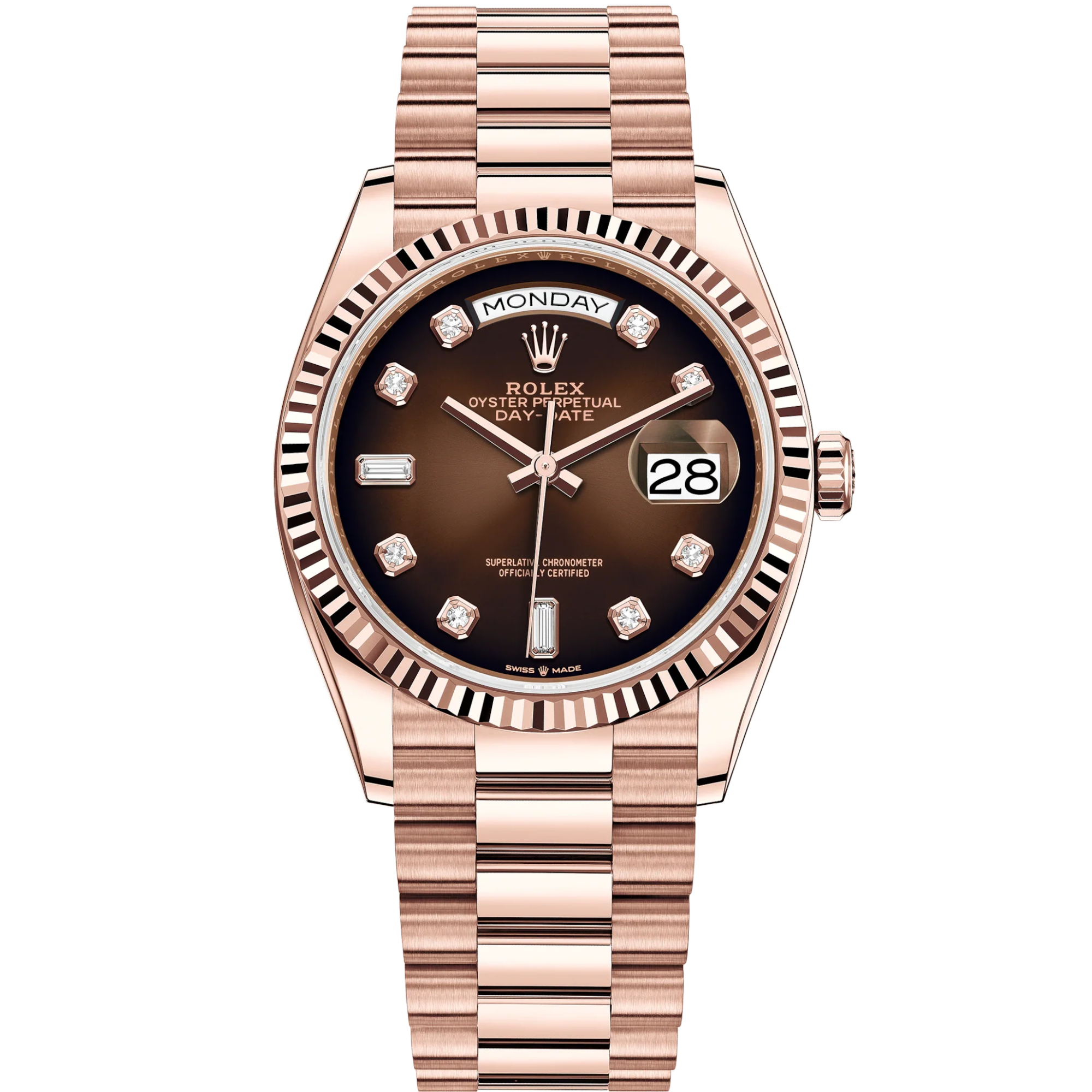 Day-Date 36 36mm President Bracelet and 18 KT Everose Gold with Brown Ombré Diamond-Set Dial Fluted Bezel - Rolex