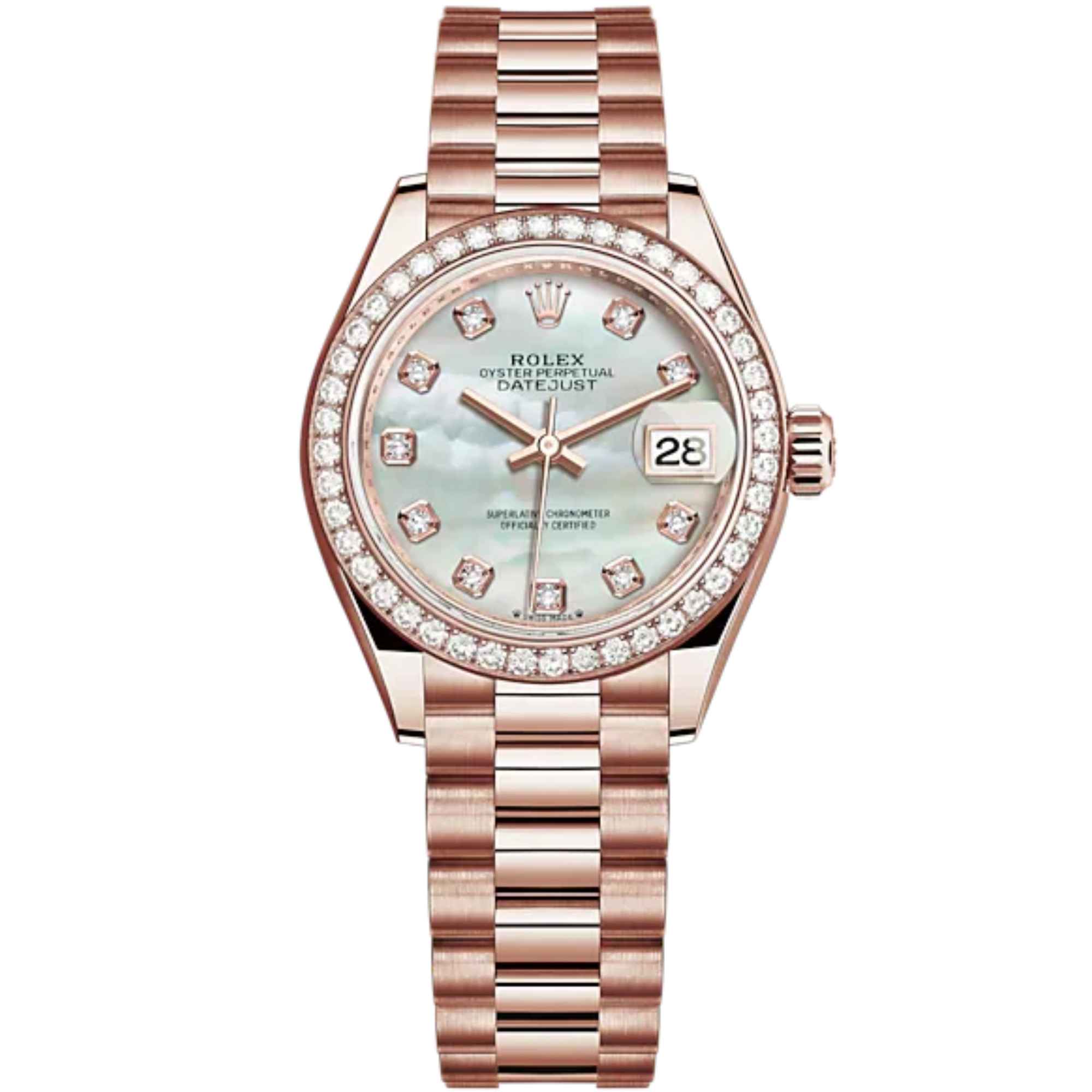 Lady-DateJust 28mm President Bracelet and 18 KT Everose Gold with White Mother-of Pearl Dial Diamond-Set Dial and Bezel - Rolex
