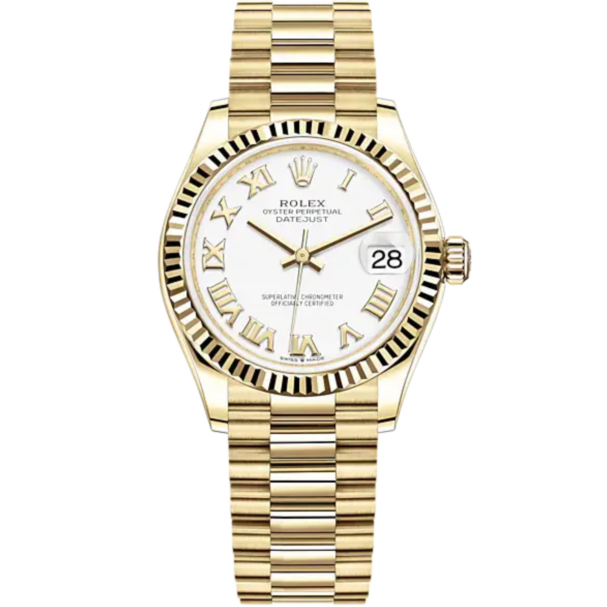 Datejust 31 31mm President Bracelet and 18 CT Yellow Gold with White Dial Fluted Bezel - Rolex