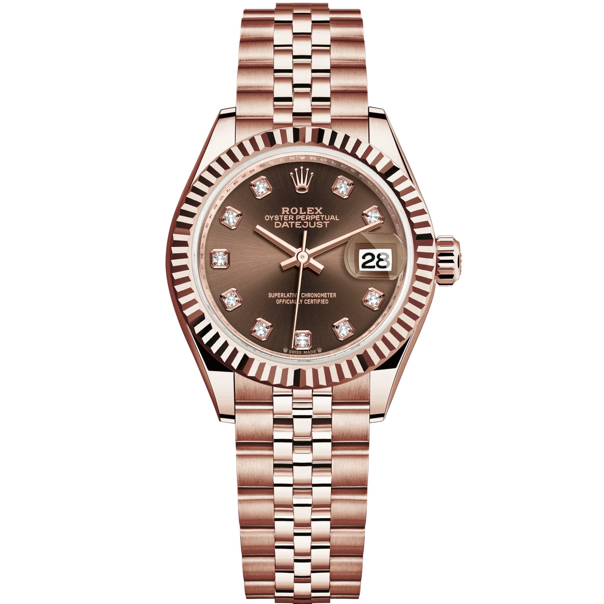Lady-DateJust 28mm Jubilee Bracelet and 18 KT Everose Gold with Chocolate Dial Diamond-Set Dial and Fluted Bezel - Rolex