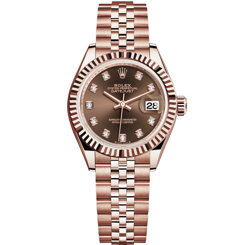 Lady-DateJust 28mm Jubilee Bracelet and 18 KT Everose Gold with Chocolate Dial Diamond-Set Dial and Fluted Bezel - Rolex