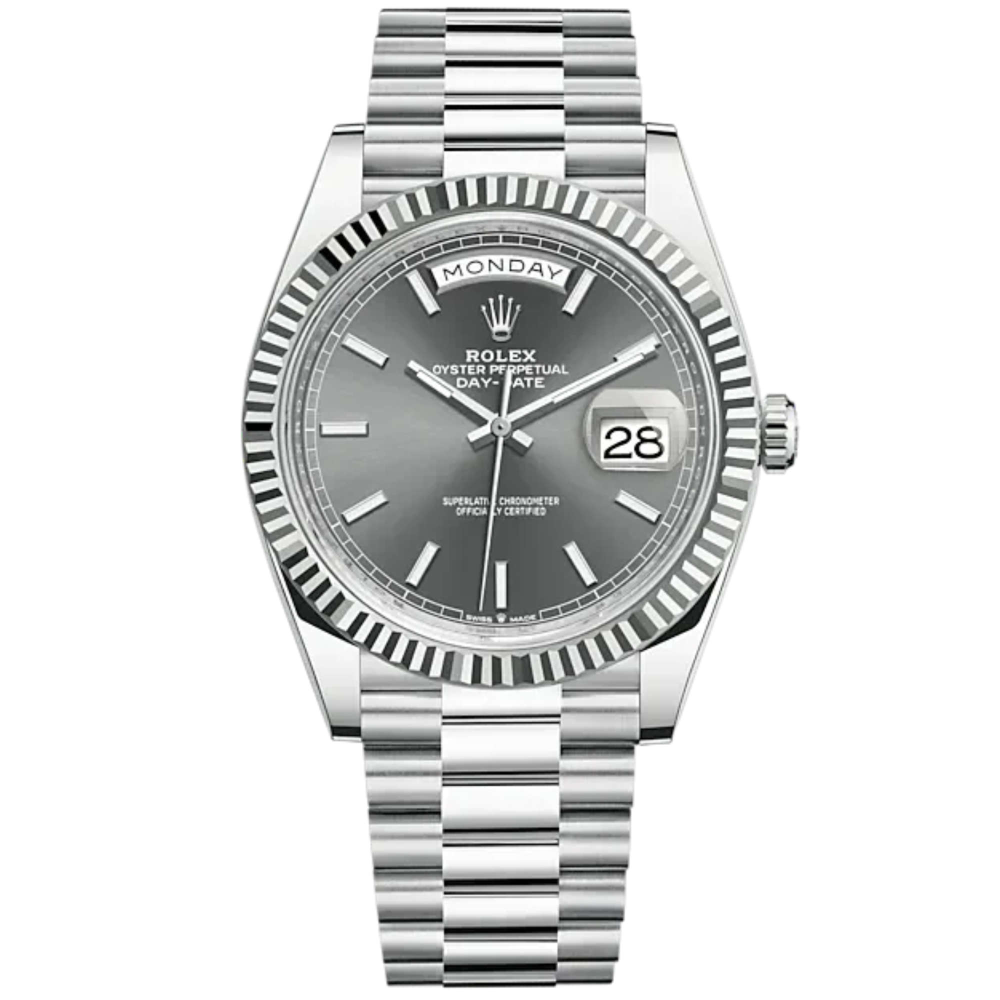Day-Date 40 40mm President Bracelet and 18 KT White Gold with Slate Dial and Fluted Bezel - Rolex