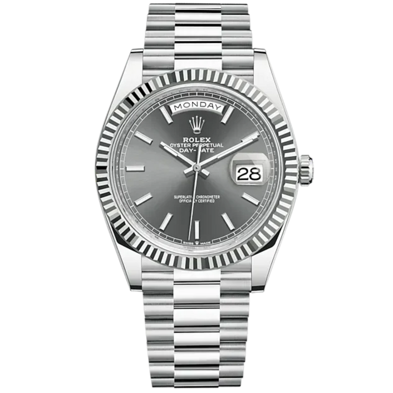 Day-Date 40 40mm President Bracelet and 18 KT White Gold with Slate Dial and Fluted Bezel - Rolex