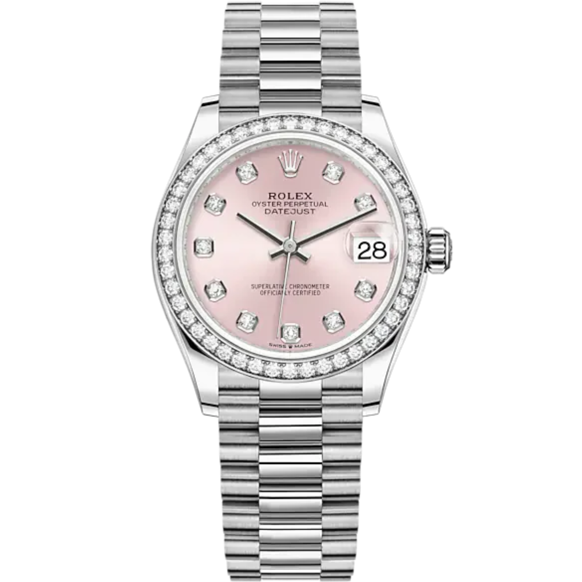 Datejust 31 31mm President Bracelet Oystersteel and White Gold with Pink Diamond-Set Dial Diamond-Set Bezel - Rolex