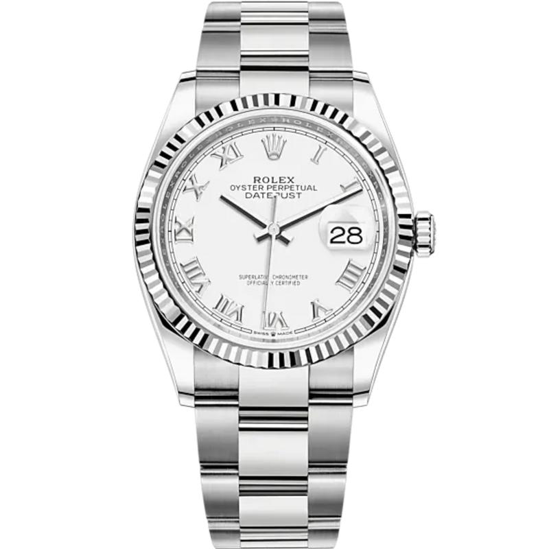 Rolex Datejust Ref. 126234 36mm White Gold Oyster Bracelet White Roman Dial Fluted Bezel - Rolex