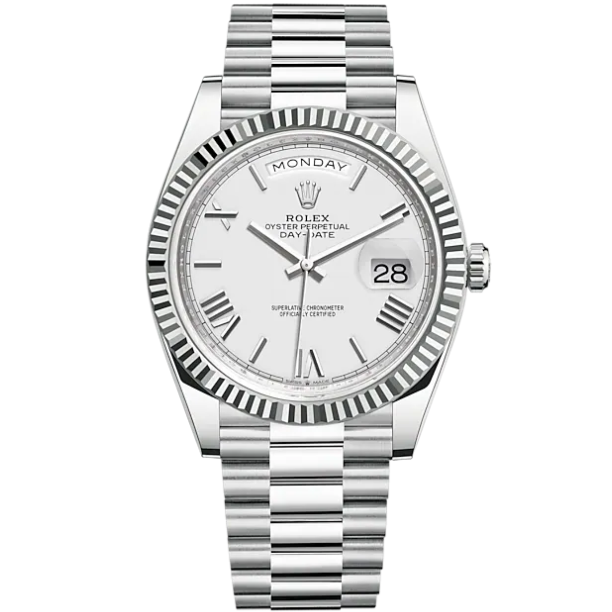 Day-Date 40 40mm President Bracelet and Platinum with White Roman Dial Fluted Bezel - Rolex