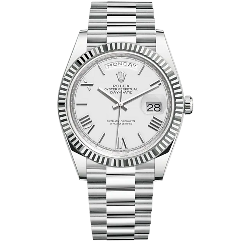Day-Date 40 40mm President Bracelet and Platinum with White Roman Dial Fluted Bezel - Rolex