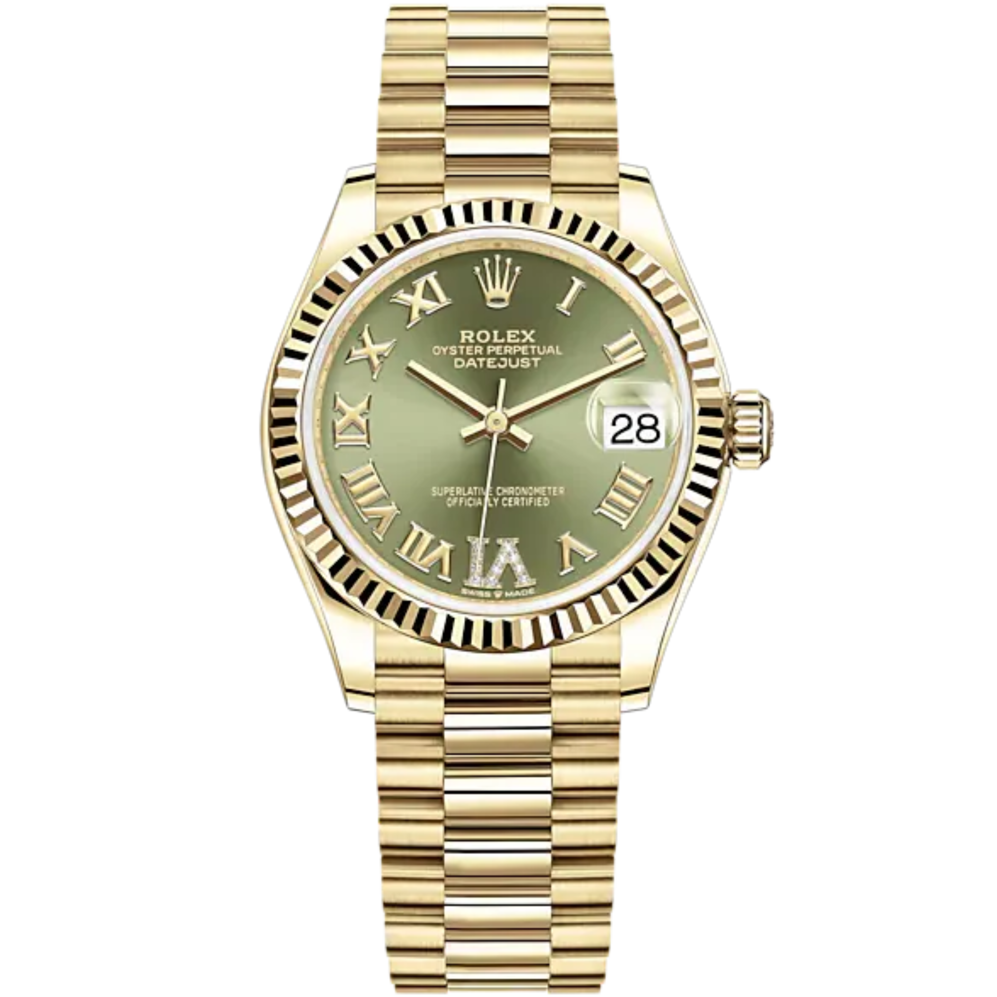 Datejust 31 31mm President Bracelet and 18 CT Yellow Gold with Olive-Green Diamond Dial Fluted Bezel - Rolex