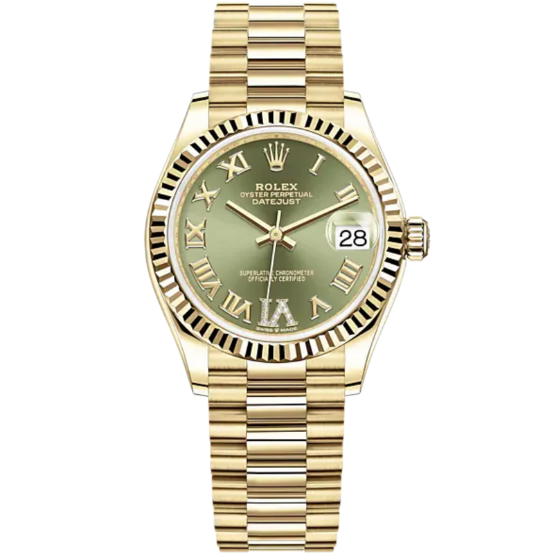 Datejust 31 31mm President Bracelet and 18 CT Yellow Gold with Olive-Green Diamond Dial Fluted Bezel - Rolex