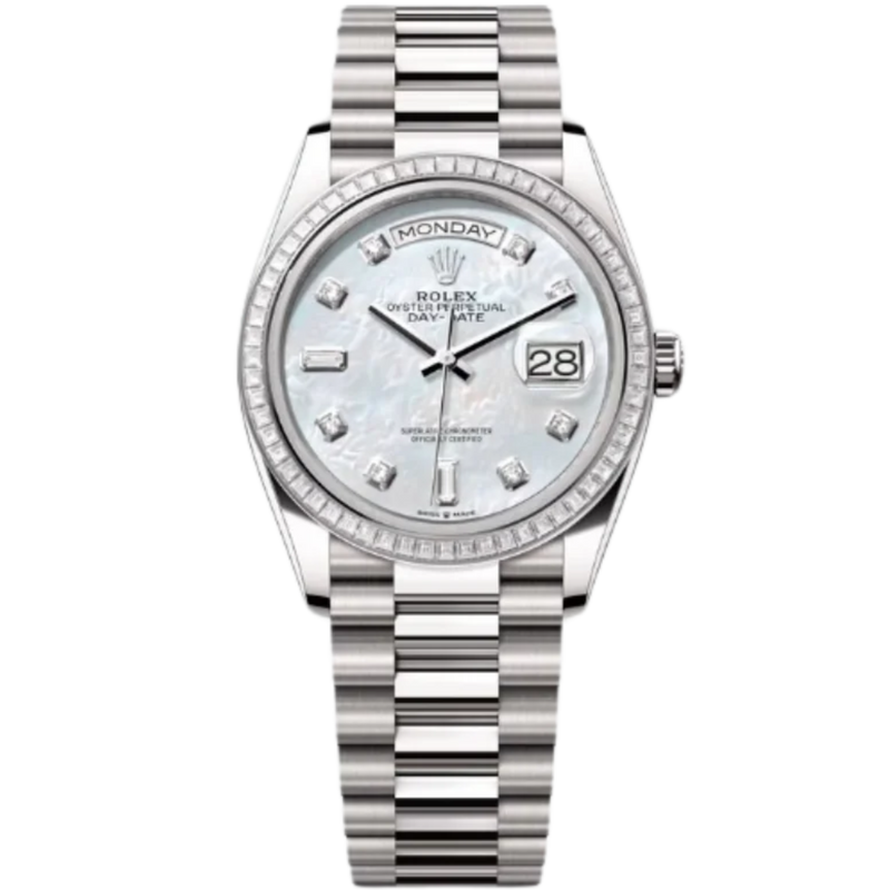 Rolex Day-Date Ref. 128399TBR 36MM White Gold Case Mother of Pearl Dial with Baguette Diamonds and Diamond Set Bezel - Rolex