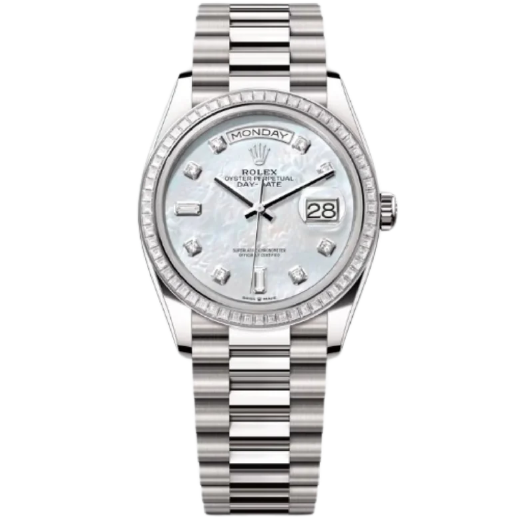 Rolex Day-Date Ref. 128399TBR 36MM White Gold Case Mother of Pearl Dial with Diamonds and Diamond Set Bezel - Rolex