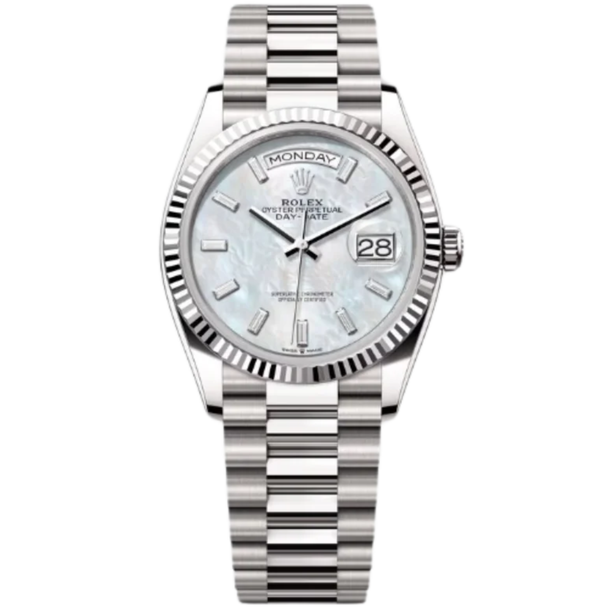 Rolex Day-Date Ref. 128239 36MM White Gold Case Mother of Pearl Dial with Baguette Diamonds and Diamond Set Links - Rolex